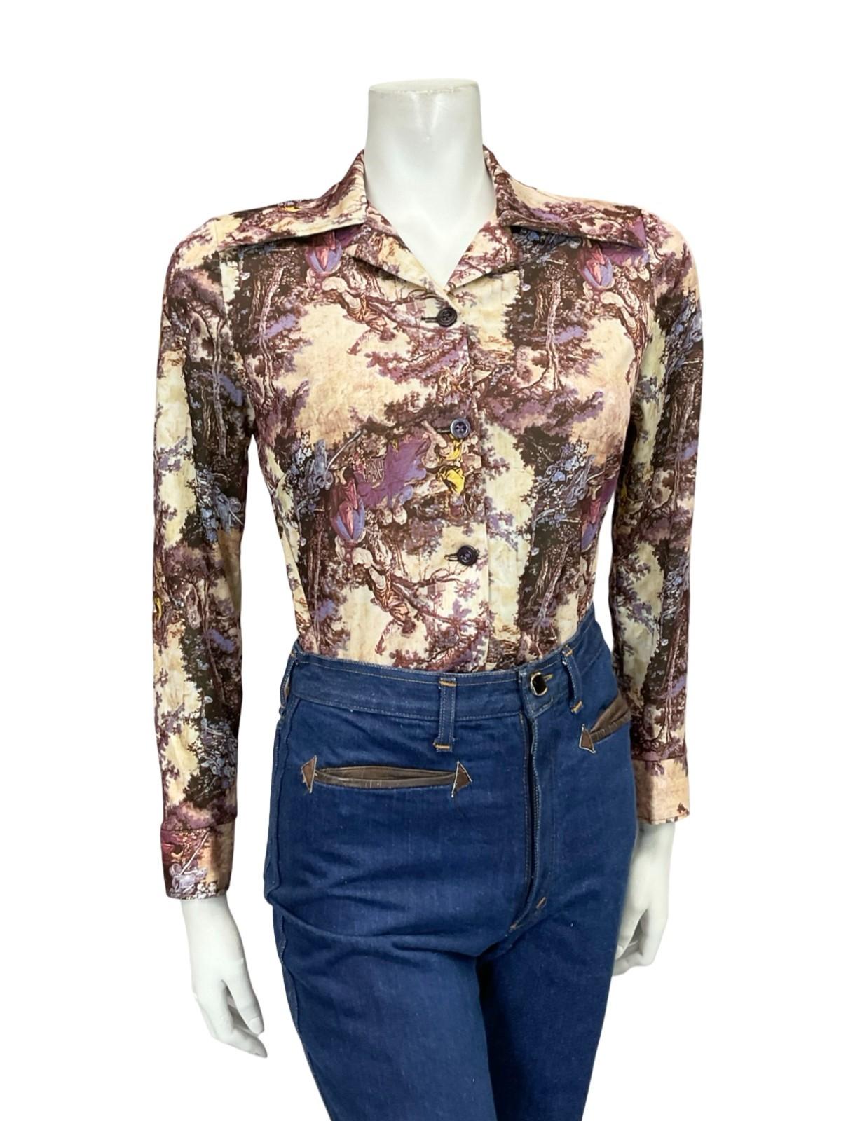 VTG 60S 70S PURPLE BEIGE MOD CLASSICAL ART PRINTED DAGGER COLLAR SHIRT 8 10 S