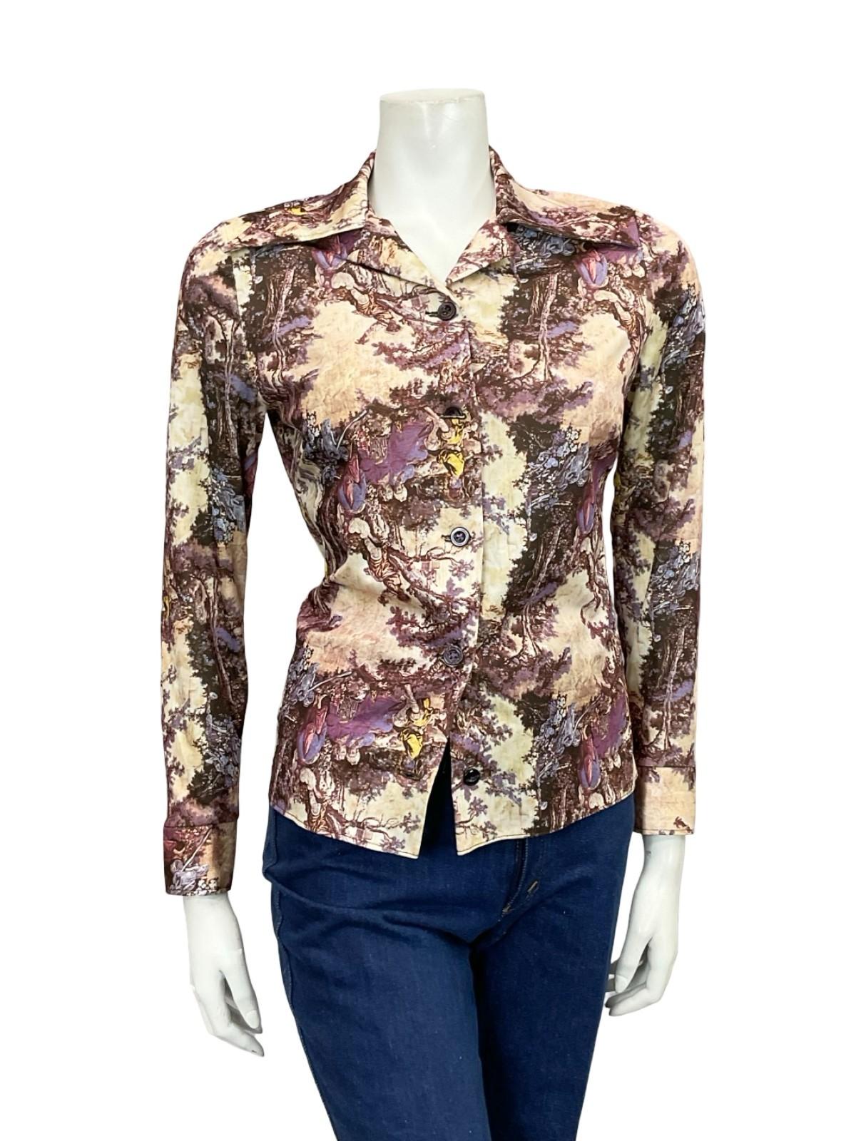 VTG 60S 70S PURPLE BEIGE MOD CLASSICAL ART PRINTED DAGGER COLLAR SHIRT 8 10 S