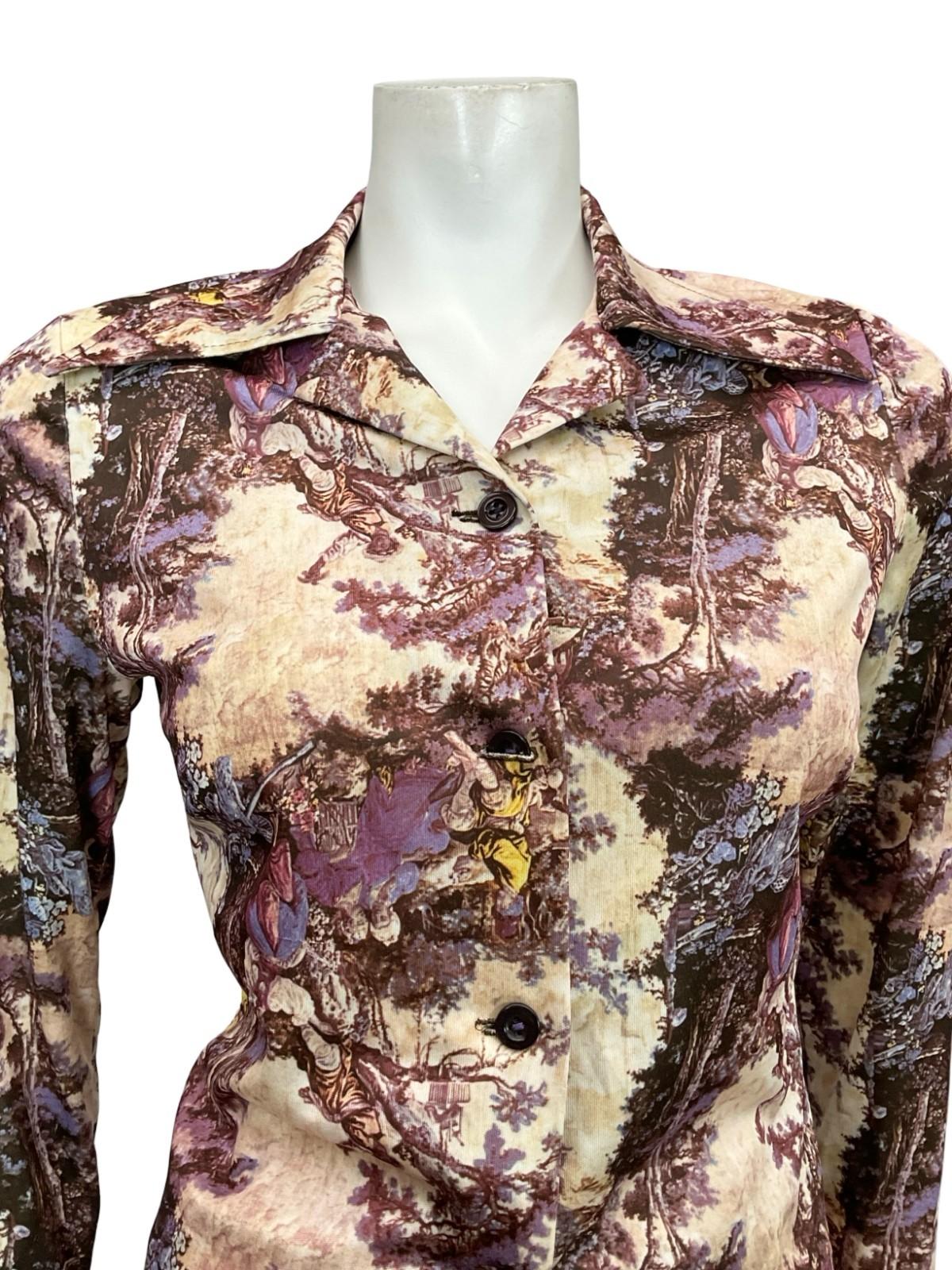 VTG 60S 70S PURPLE BEIGE MOD CLASSICAL ART PRINTED DAGGER COLLAR SHIRT 8 10 S