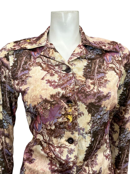 VTG 60S 70S PURPLE BEIGE MOD CLASSICAL ART PRINTED DAGGER COLLAR SHIRT 8 10 S