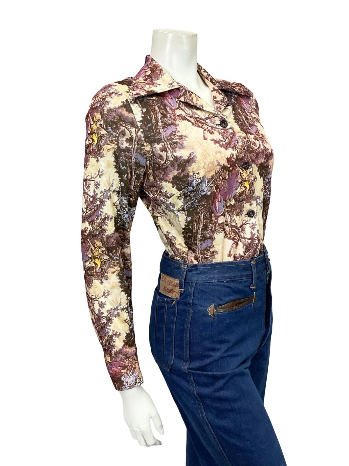VTG 60S 70S PURPLE BEIGE MOD CLASSICAL ART PRINTED DAGGER COLLAR SHIRT 8 10 S
