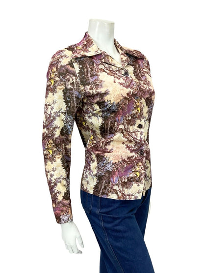 VTG 60S 70S PURPLE BEIGE MOD CLASSICAL ART PRINTED DAGGER COLLAR SHIRT 8 10 S