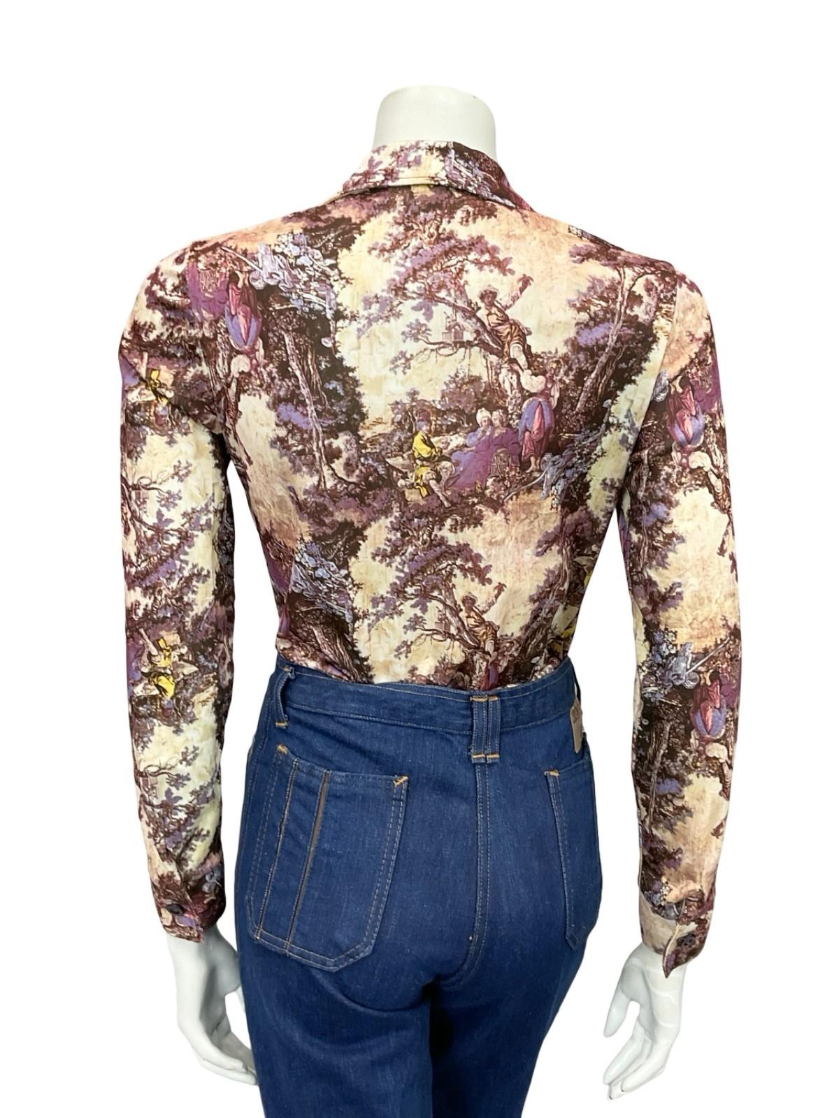 VTG 60S 70S PURPLE BEIGE MOD CLASSICAL ART PRINTED DAGGER COLLAR SHIRT 8 10 S