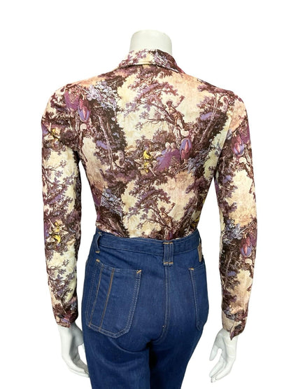 VTG 60S 70S PURPLE BEIGE MOD CLASSICAL ART PRINTED DAGGER COLLAR SHIRT 8 10 S