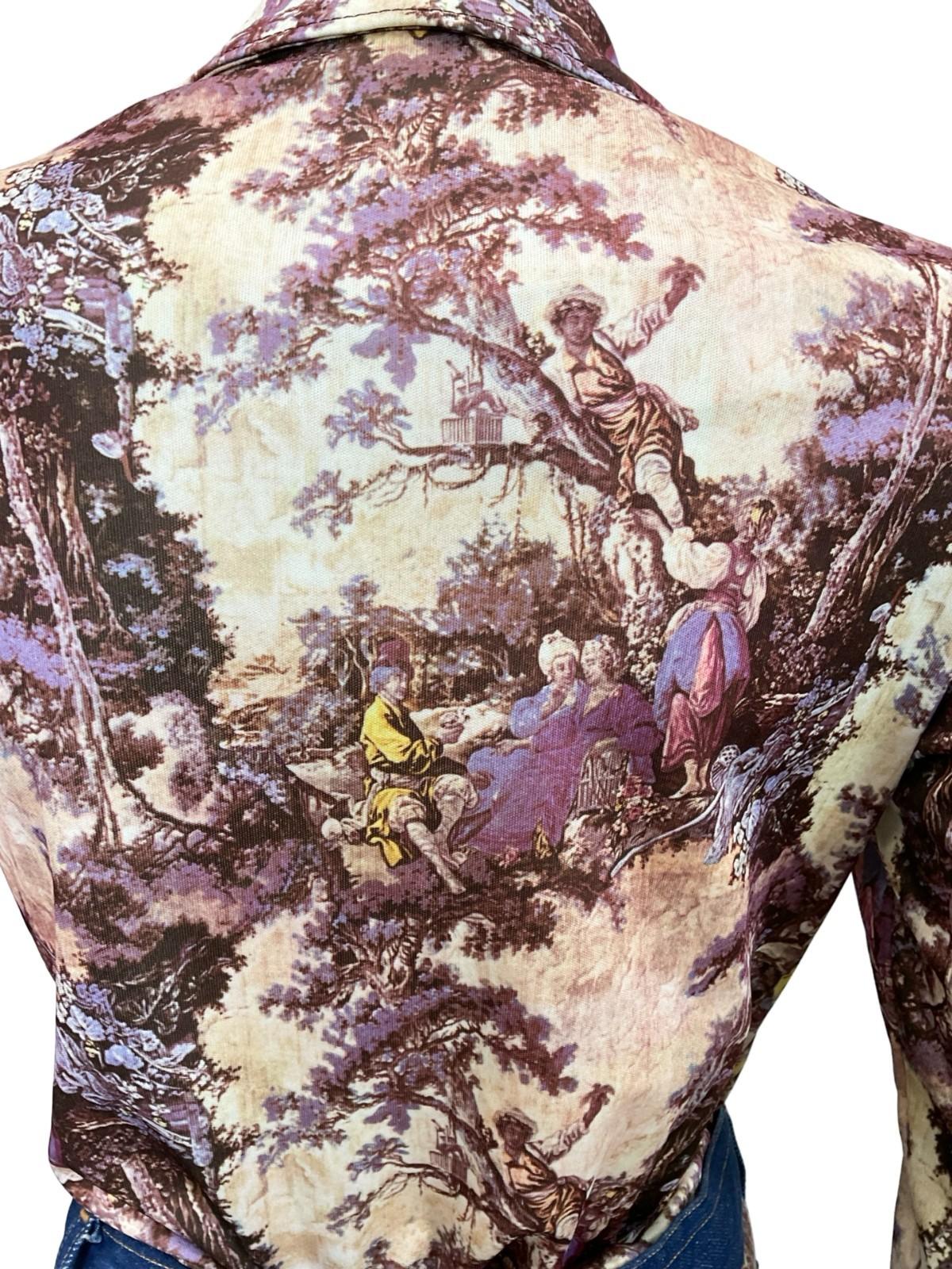 VTG 60S 70S PURPLE BEIGE MOD CLASSICAL ART PRINTED DAGGER COLLAR SHIRT 8 10 S