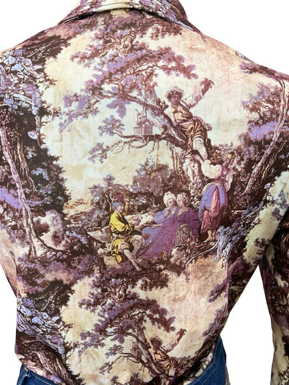 VTG 60S 70S PURPLE BEIGE MOD CLASSICAL ART PRINTED DAGGER COLLAR SHIRT 8 10 S