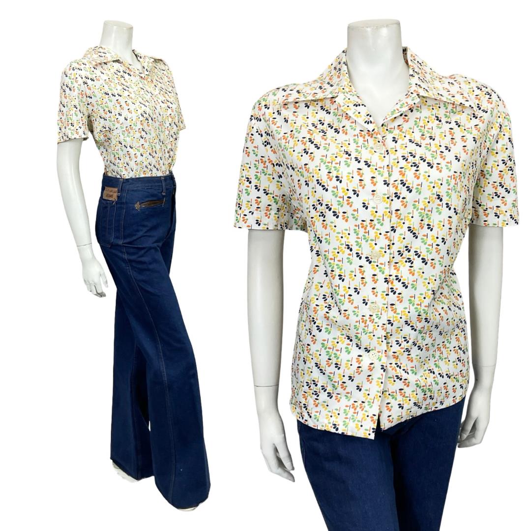 VTG 60S 70S WHITE ORANGE YELLOW GREEN GEOMETRIC FLORAL DAGGER SHIRT SIZE 24