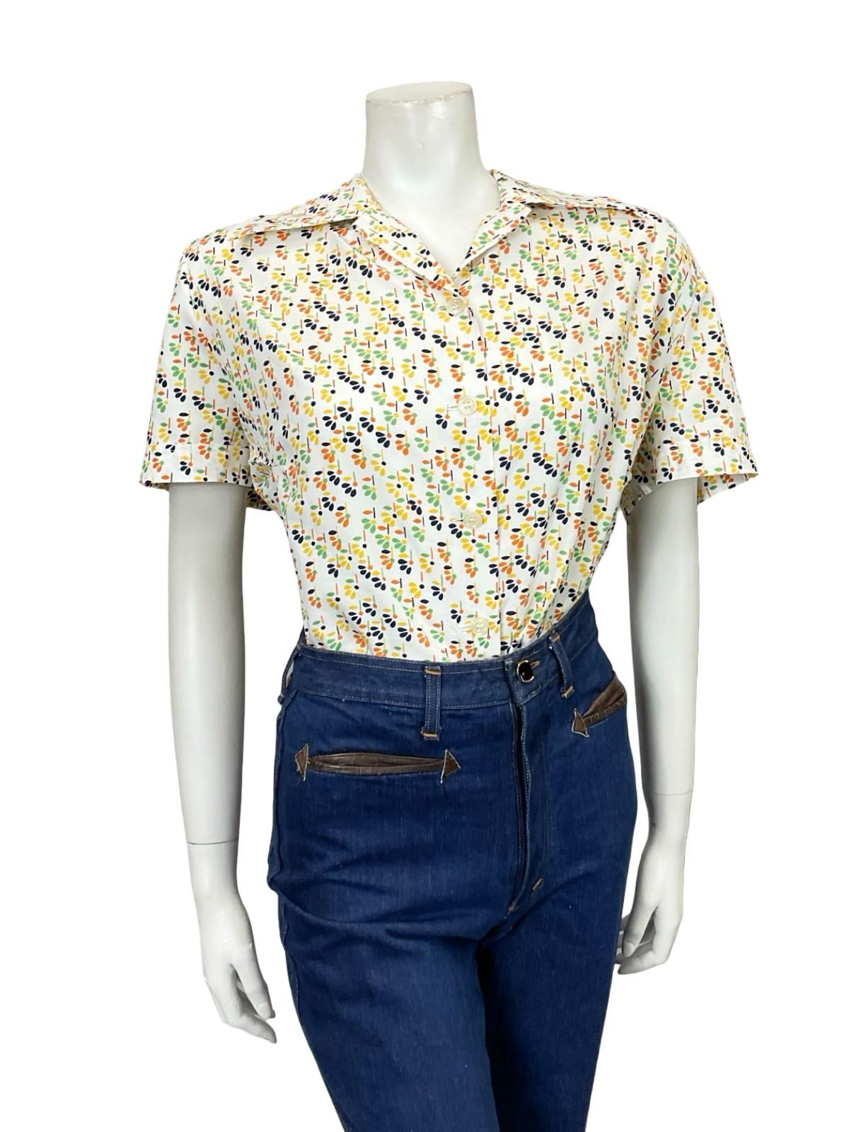 VTG 60S 70S WHITE ORANGE YELLOW GREEN GEOMETRIC FLORAL DAGGER SHIRT SIZE 24