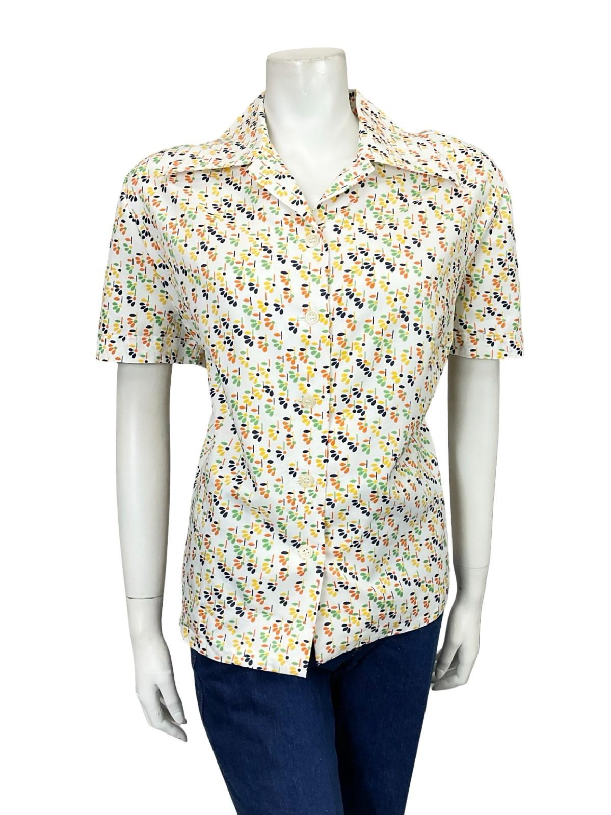 VTG 60S 70S WHITE ORANGE YELLOW GREEN GEOMETRIC FLORAL DAGGER SHIRT SIZE 24