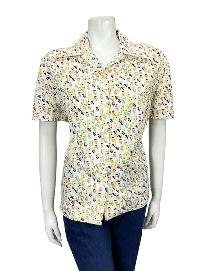 VTG 60S 70S WHITE ORANGE YELLOW GREEN GEOMETRIC FLORAL DAGGER SHIRT SIZE 24