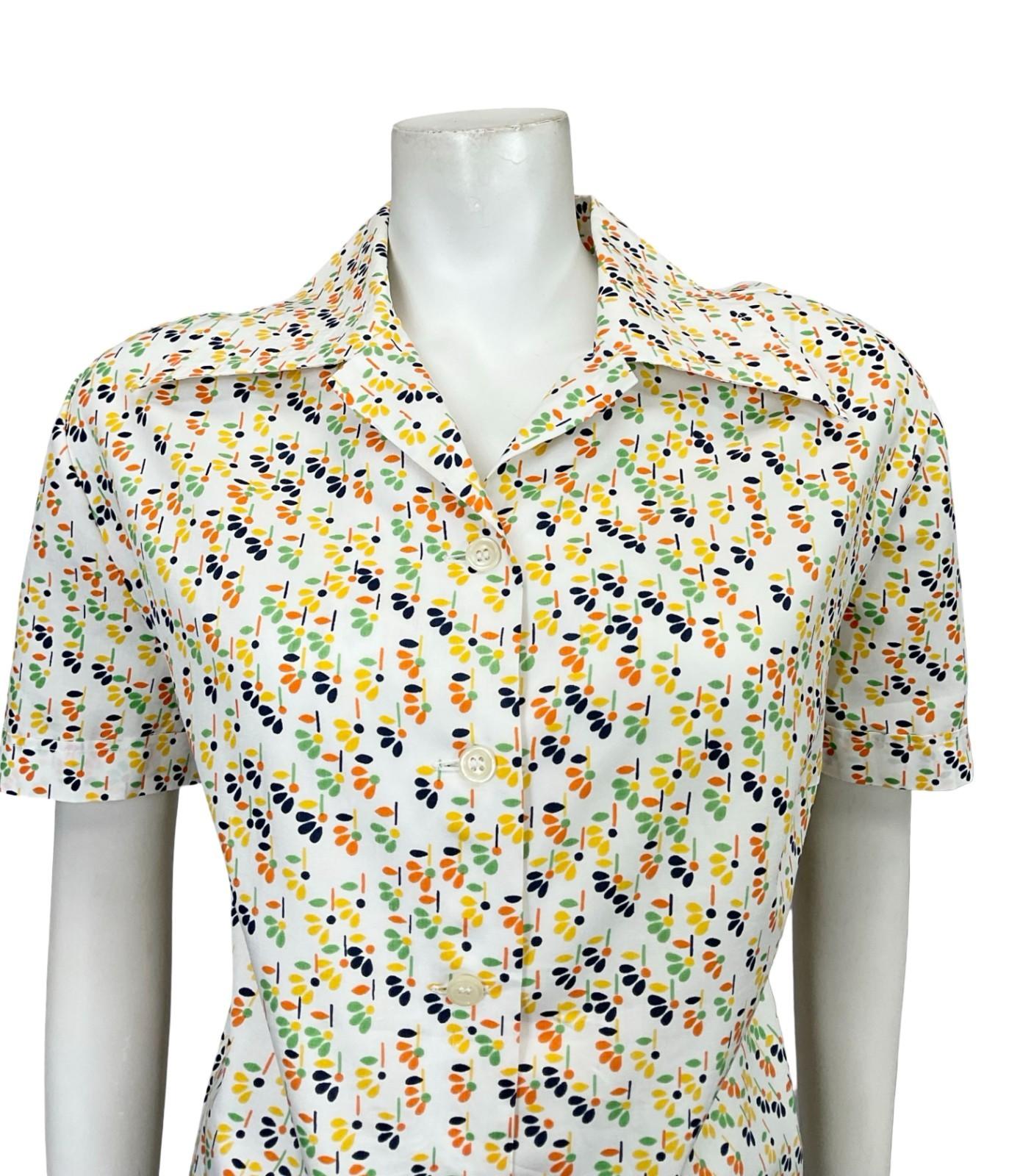 VTG 60S 70S WHITE ORANGE YELLOW GREEN GEOMETRIC FLORAL DAGGER SHIRT SIZE 24