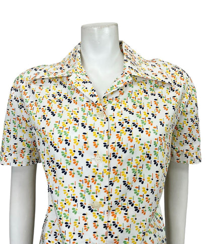 VTG 60S 70S WHITE ORANGE YELLOW GREEN GEOMETRIC FLORAL DAGGER SHIRT SIZE 24