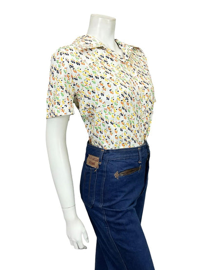 VTG 60S 70S WHITE ORANGE YELLOW GREEN GEOMETRIC FLORAL DAGGER SHIRT SIZE 24