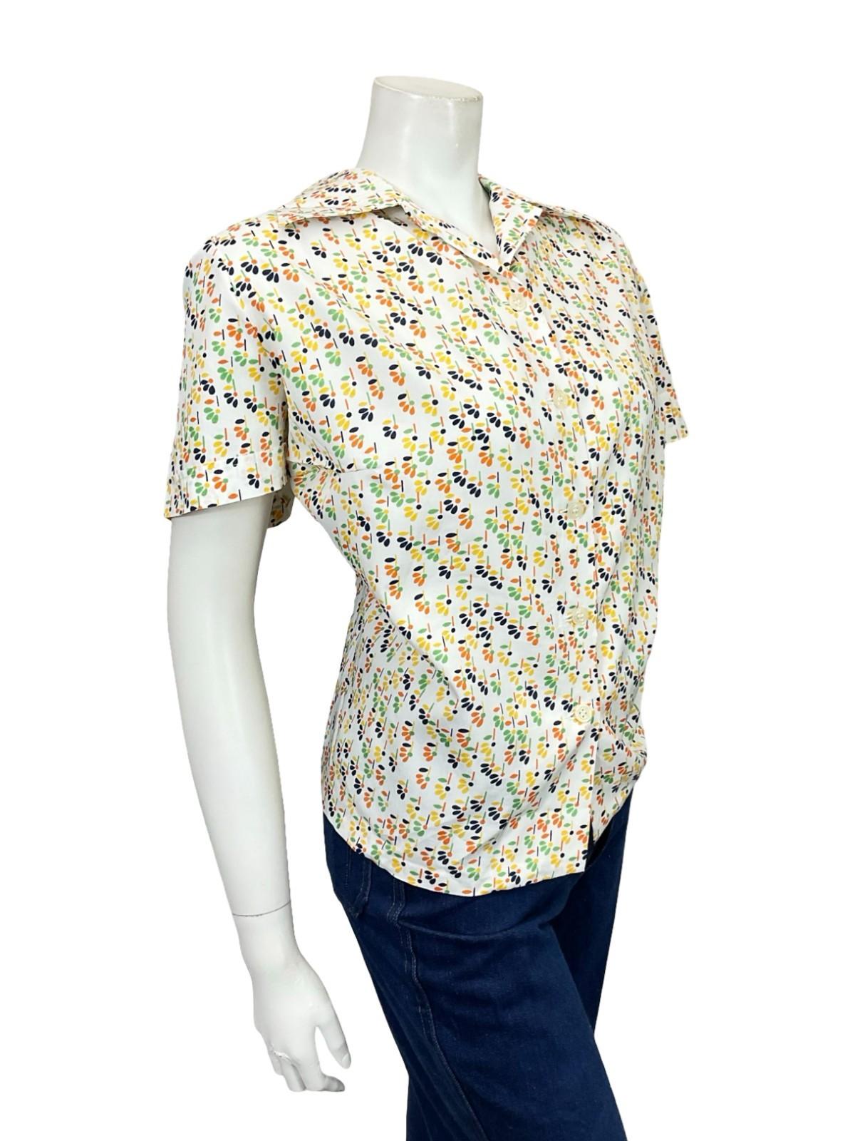 VTG 60S 70S WHITE ORANGE YELLOW GREEN GEOMETRIC FLORAL DAGGER SHIRT SIZE 24