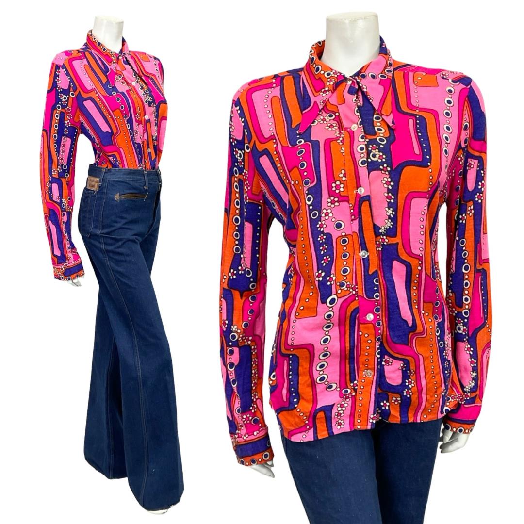 VTG 60S 70S PINK BLUE ORANGE WHITE PSYCHEDELIC GEOMETRIC DAISY DAGGER SHIRT 14