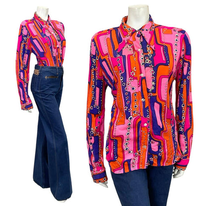 VTG 60S 70S PINK BLUE ORANGE WHITE PSYCHEDELIC GEOMETRIC DAISY DAGGER SHIRT 14