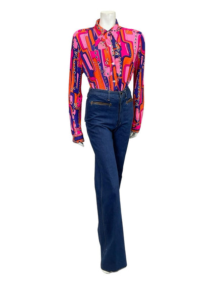 VTG 60S 70S PINK BLUE ORANGE WHITE PSYCHEDELIC GEOMETRIC DAISY DAGGER SHIRT 14