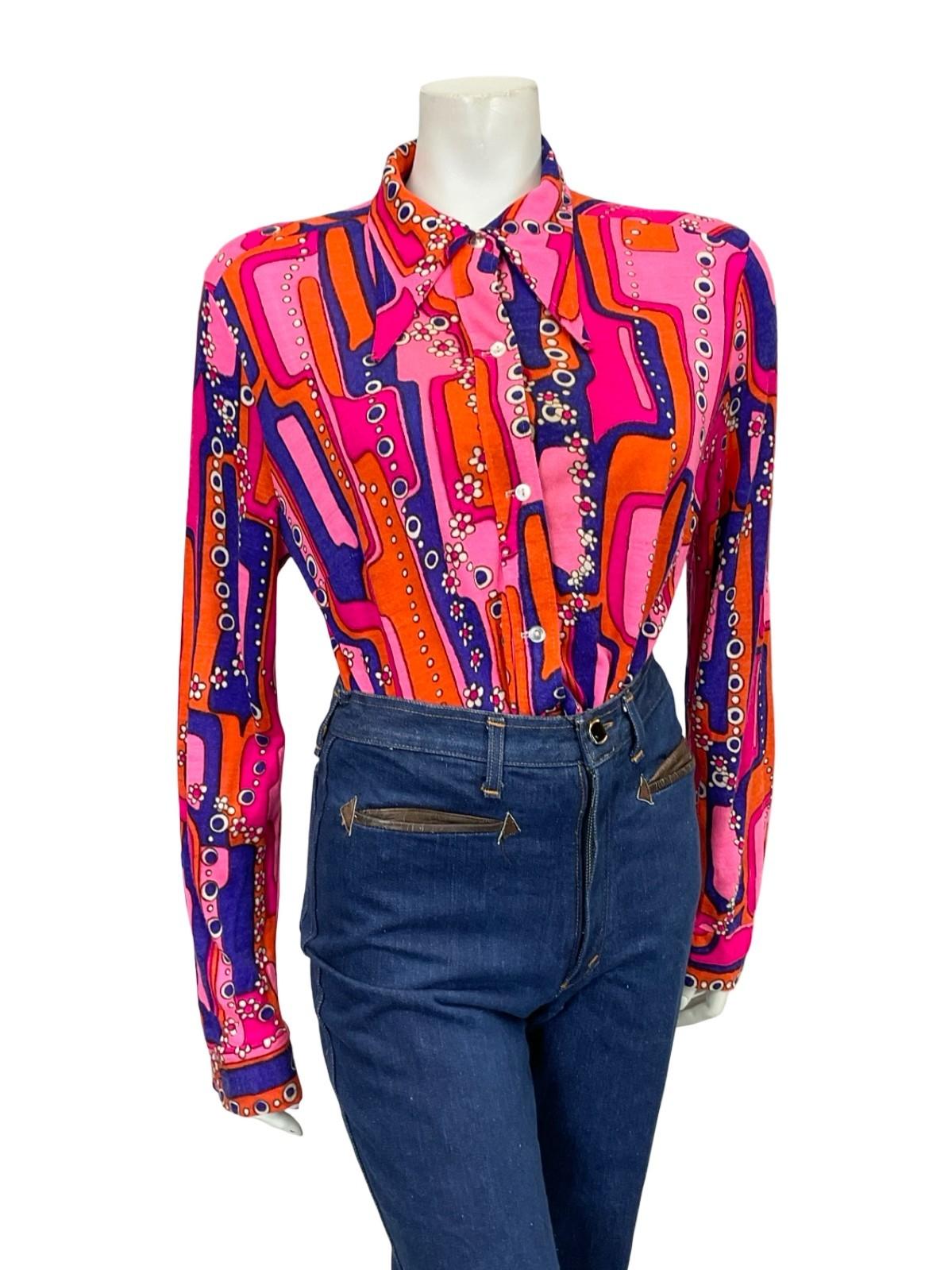 VTG 60S 70S PINK BLUE ORANGE WHITE PSYCHEDELIC GEOMETRIC DAISY DAGGER SHIRT 14