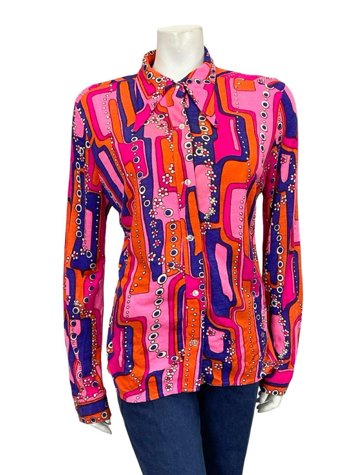 VTG 60S 70S PINK BLUE ORANGE WHITE PSYCHEDELIC GEOMETRIC DAISY DAGGER SHIRT 14