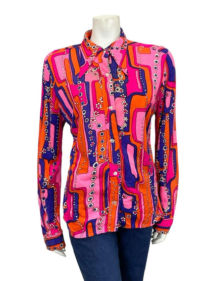VTG 60S 70S PINK BLUE ORANGE WHITE PSYCHEDELIC GEOMETRIC DAISY DAGGER SHIRT 14