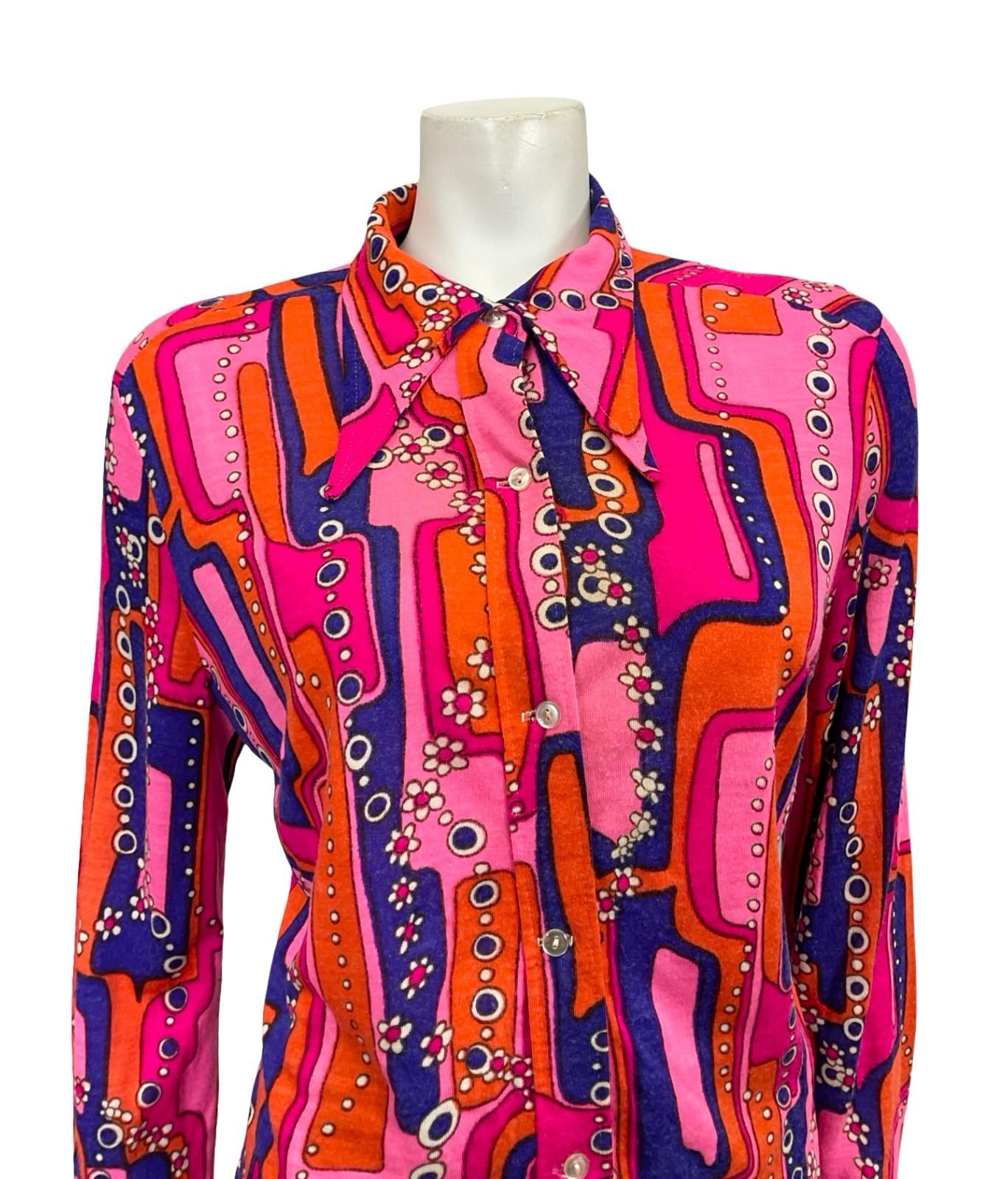VTG 60S 70S PINK BLUE ORANGE WHITE PSYCHEDELIC GEOMETRIC DAISY DAGGER SHIRT 14