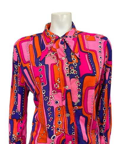 VTG 60S 70S PINK BLUE ORANGE WHITE PSYCHEDELIC GEOMETRIC DAISY DAGGER SHIRT 14