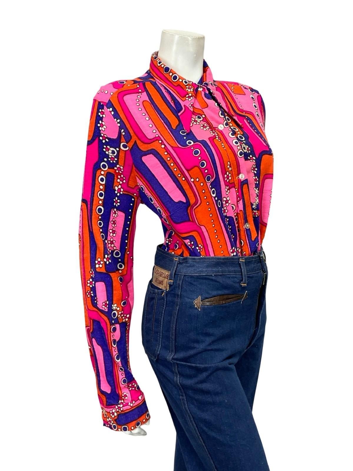 VTG 60S 70S PINK BLUE ORANGE WHITE PSYCHEDELIC GEOMETRIC DAISY DAGGER SHIRT 14