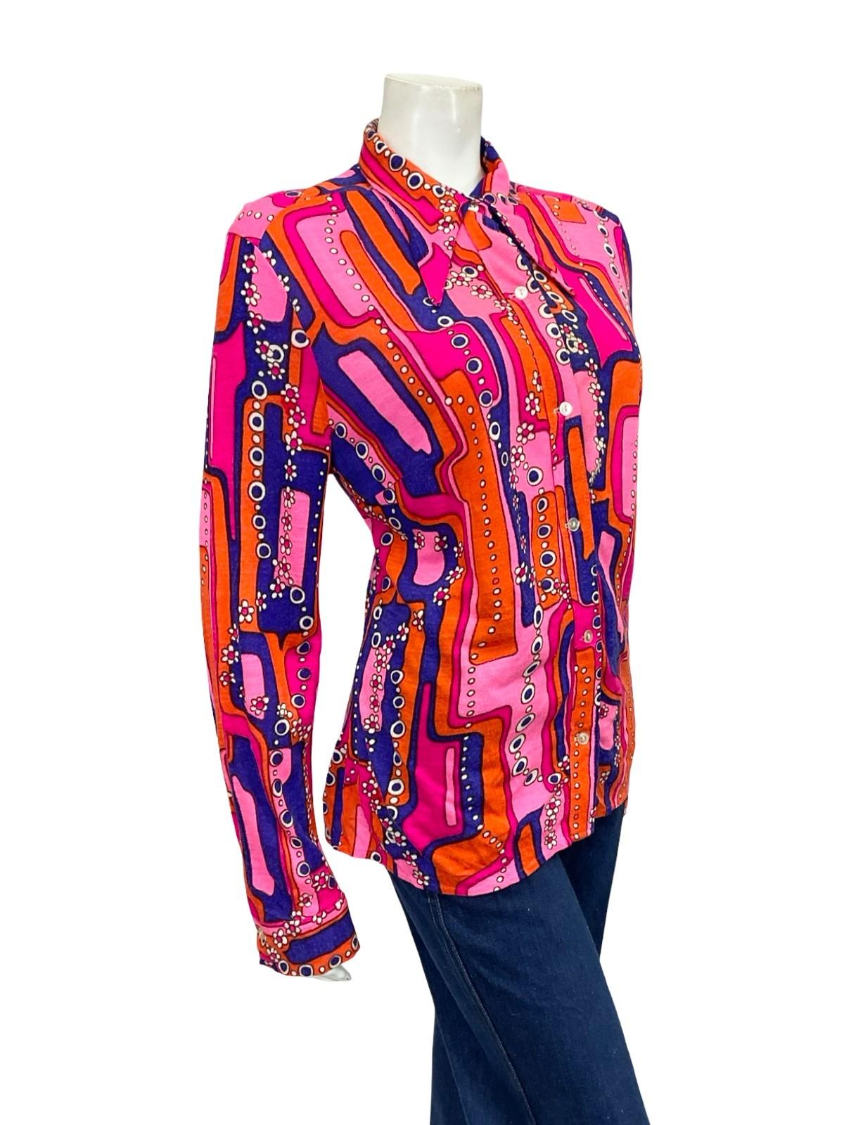 VTG 60S 70S PINK BLUE ORANGE WHITE PSYCHEDELIC GEOMETRIC DAISY DAGGER SHIRT 14