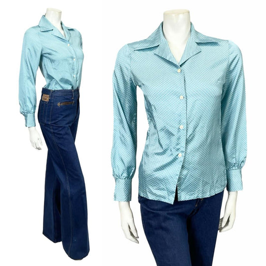 VTG 60S 70S JAPANESE MOD LIGHT BLUE WHITE POKA DOT GEOMETRIC DAGGER SHIRT 8