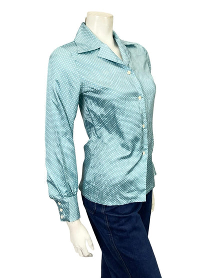 VTG 60S 70S JAPANESE MOD LIGHT BLUE WHITE POKA DOT GEOMETRIC DAGGER SHIRT 8