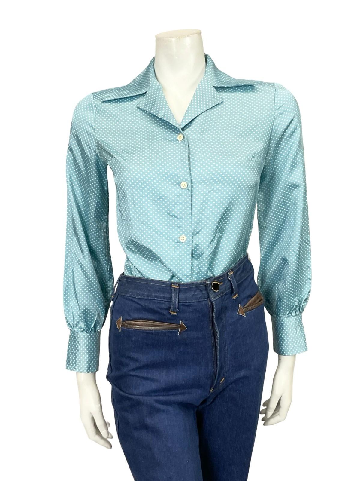 VTG 60S 70S JAPANESE MOD LIGHT BLUE WHITE POKA DOT GEOMETRIC DAGGER SHIRT 8