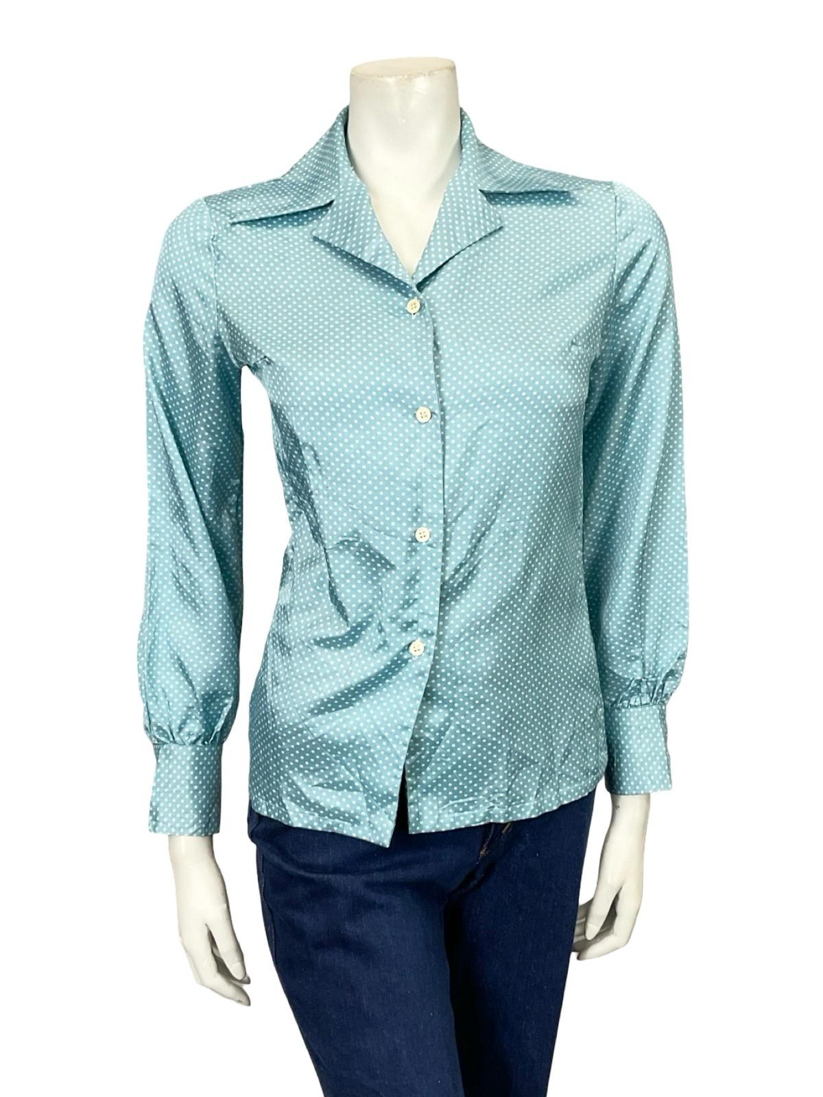 VTG 60S 70S JAPANESE MOD LIGHT BLUE WHITE POKA DOT GEOMETRIC DAGGER SHIRT 8