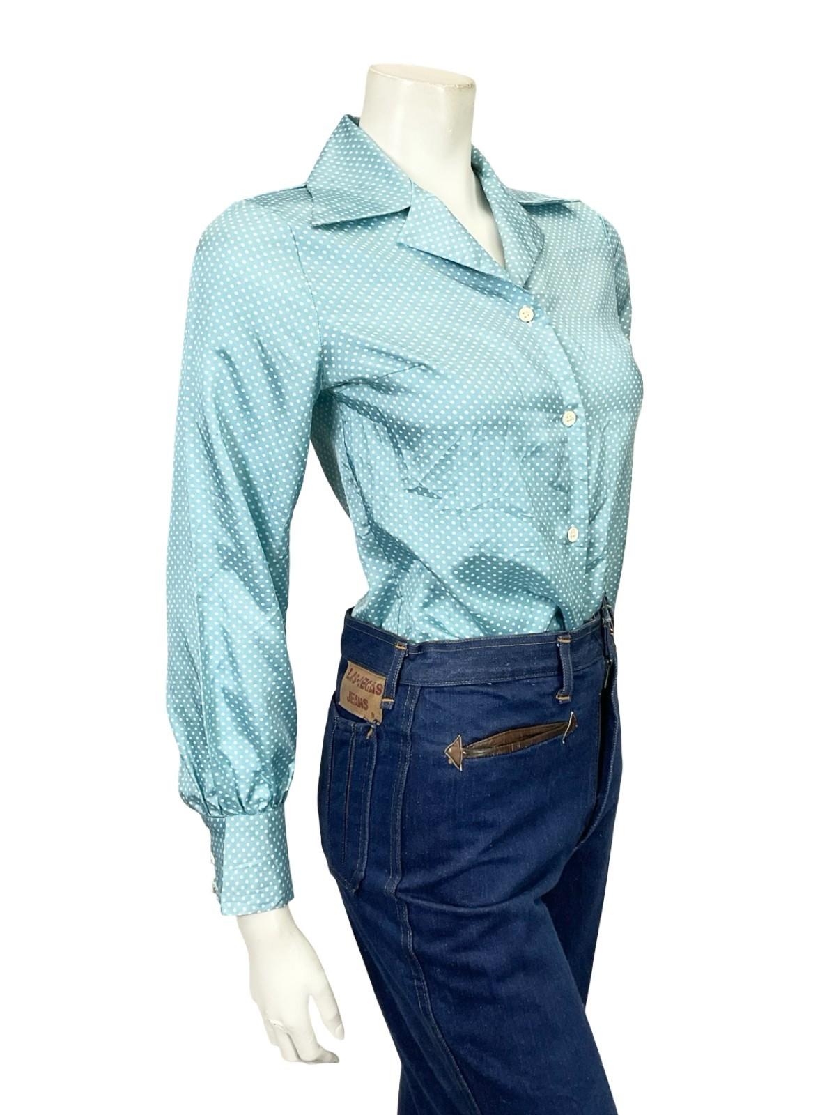 VTG 60S 70S JAPANESE MOD LIGHT BLUE WHITE POKA DOT GEOMETRIC DAGGER SHIRT 8