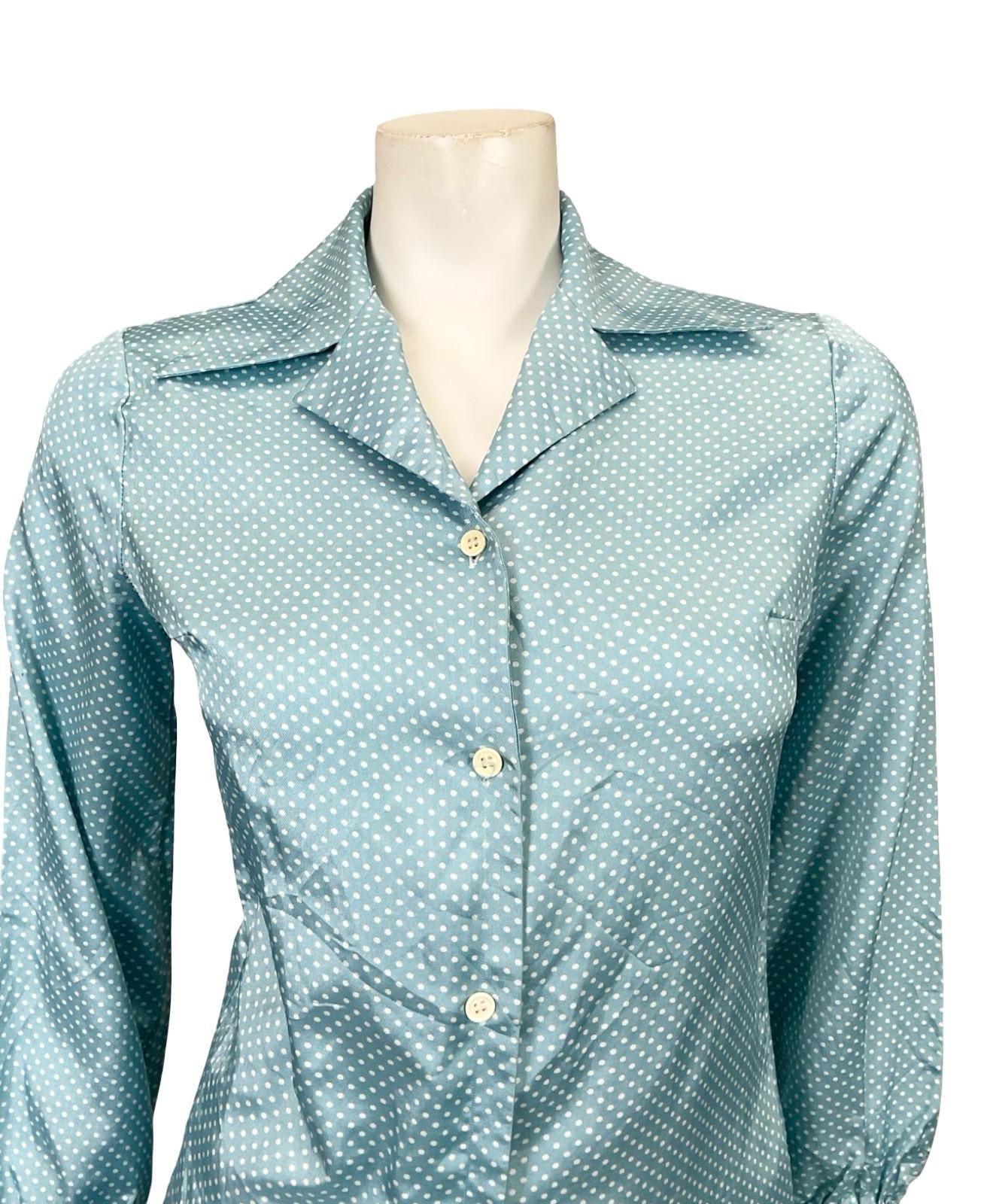 VTG 60S 70S JAPANESE MOD LIGHT BLUE WHITE POKA DOT GEOMETRIC DAGGER SHIRT 8