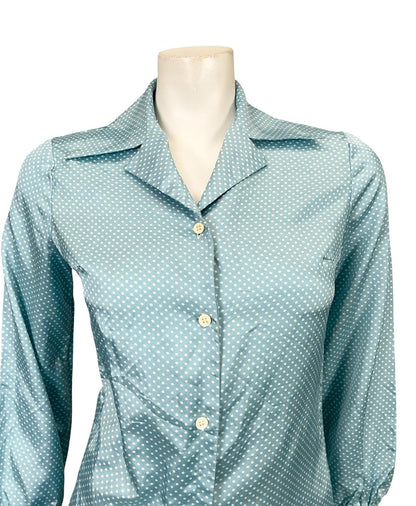 VTG 60S 70S JAPANESE MOD LIGHT BLUE WHITE POKA DOT GEOMETRIC DAGGER SHIRT 8