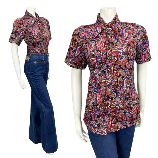 VTG 60S 70S PURPLE PINK RED BLACK WHITE PAISLEY PSYCHEDELIC DAGGER SHIRT 12