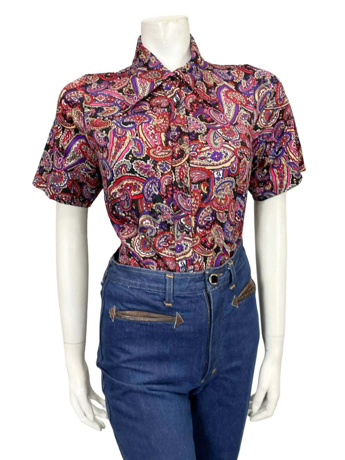VTG 60S 70S PURPLE PINK RED BLACK WHITE PAISLEY PSYCHEDELIC DAGGER SHIRT 12