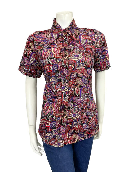 VTG 60S 70S PURPLE PINK RED BLACK WHITE PAISLEY PSYCHEDELIC DAGGER SHIRT 12