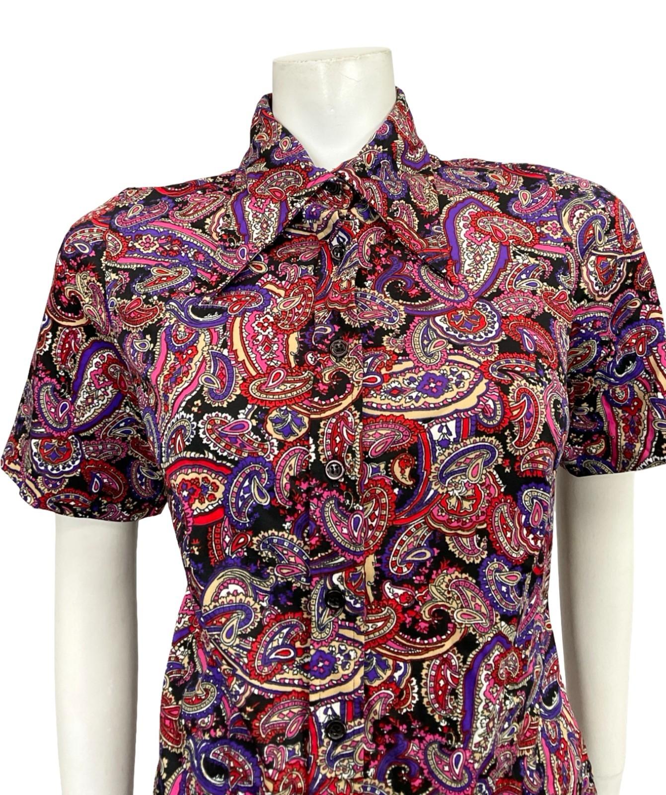 VTG 60S 70S PURPLE PINK RED BLACK WHITE PAISLEY PSYCHEDELIC DAGGER SHIRT 12
