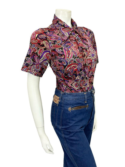 VTG 60S 70S PURPLE PINK RED BLACK WHITE PAISLEY PSYCHEDELIC DAGGER SHIRT 12