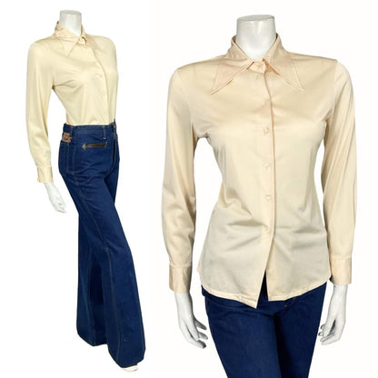 VTG 60S 70S JAPANESE CREAM DAGGER COLLAR MOD BEIGE MONOCHROME SHIRT 10 12