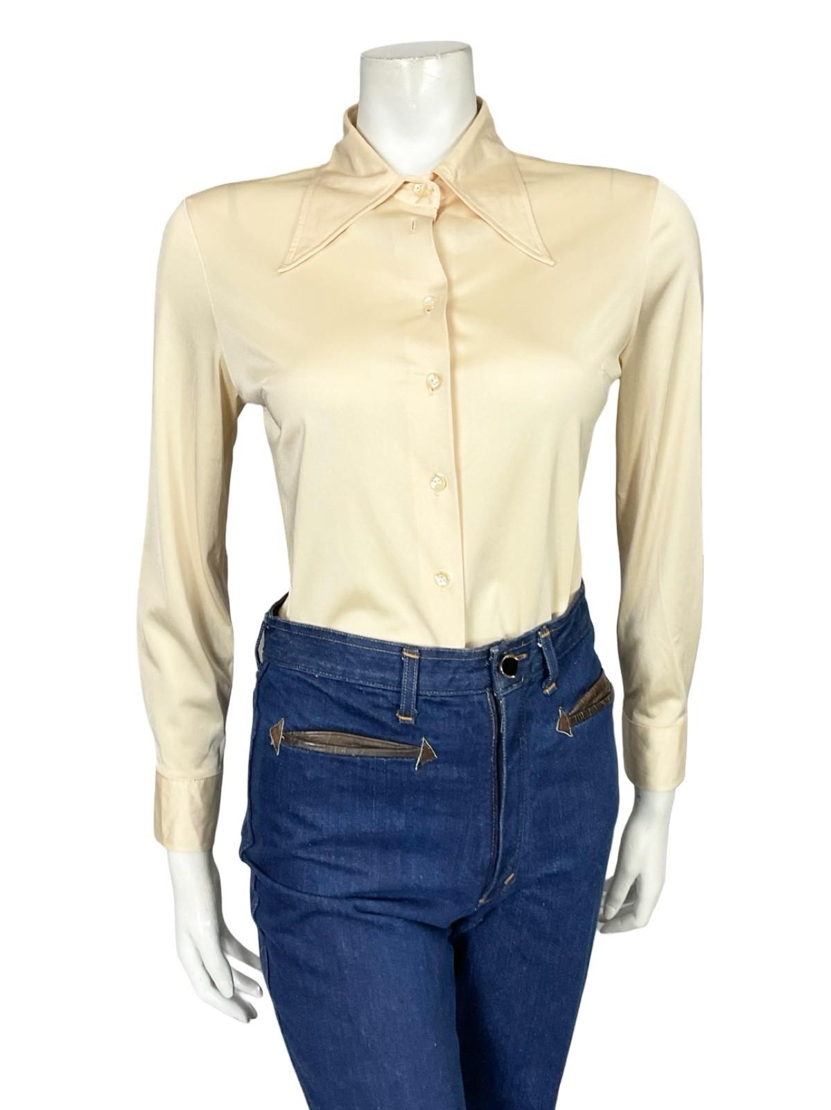 VTG 60S 70S JAPANESE CREAM DAGGER COLLAR MOD BEIGE MONOCHROME SHIRT 10 12