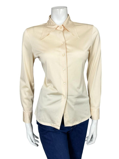 VTG 60S 70S JAPANESE CREAM DAGGER COLLAR MOD BEIGE MONOCHROME SHIRT 10 12