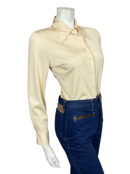 VTG 60S 70S JAPANESE CREAM DAGGER COLLAR MOD BEIGE MONOCHROME SHIRT 10 12
