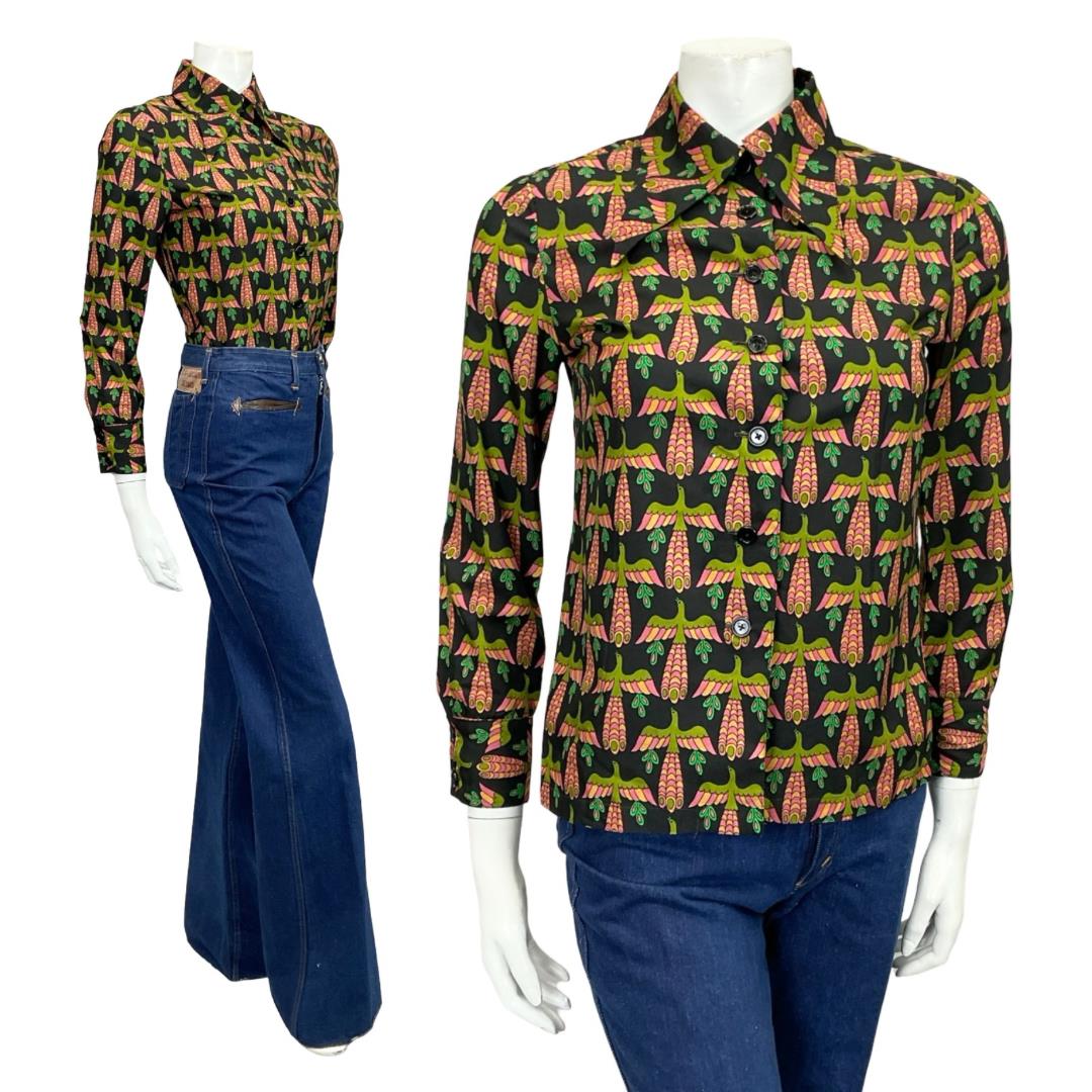 VTG 60S 70S BLACK PINK GREEN BEIGE MOD DAGGER BIRD PEACOCK PHOENIX SHIRT 8
