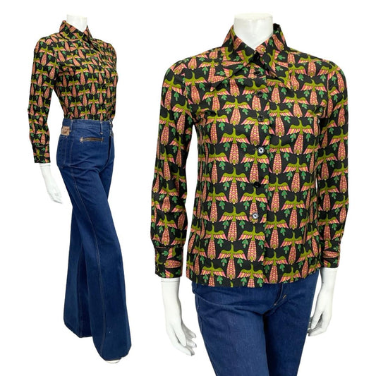 VTG 60S 70S BLACK PINK GREEN BEIGE MOD DAGGER BIRD PEACOCK PHOENIX SHIRT 8