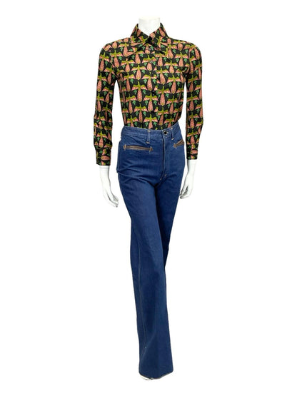 VTG 60S 70S BLACK PINK GREEN BEIGE MOD DAGGER BIRD PEACOCK PHOENIX SHIRT 8