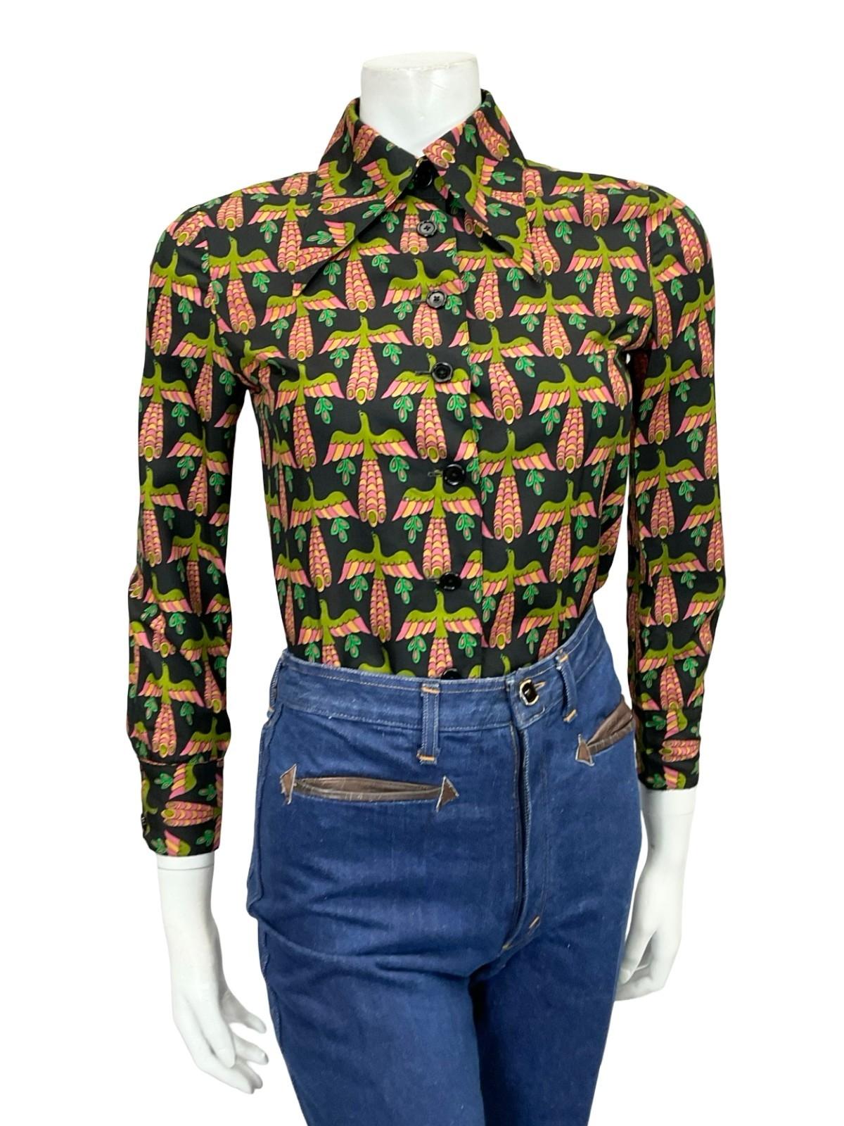 VTG 60S 70S BLACK PINK GREEN BEIGE MOD DAGGER BIRD PEACOCK PHOENIX SHIRT 8