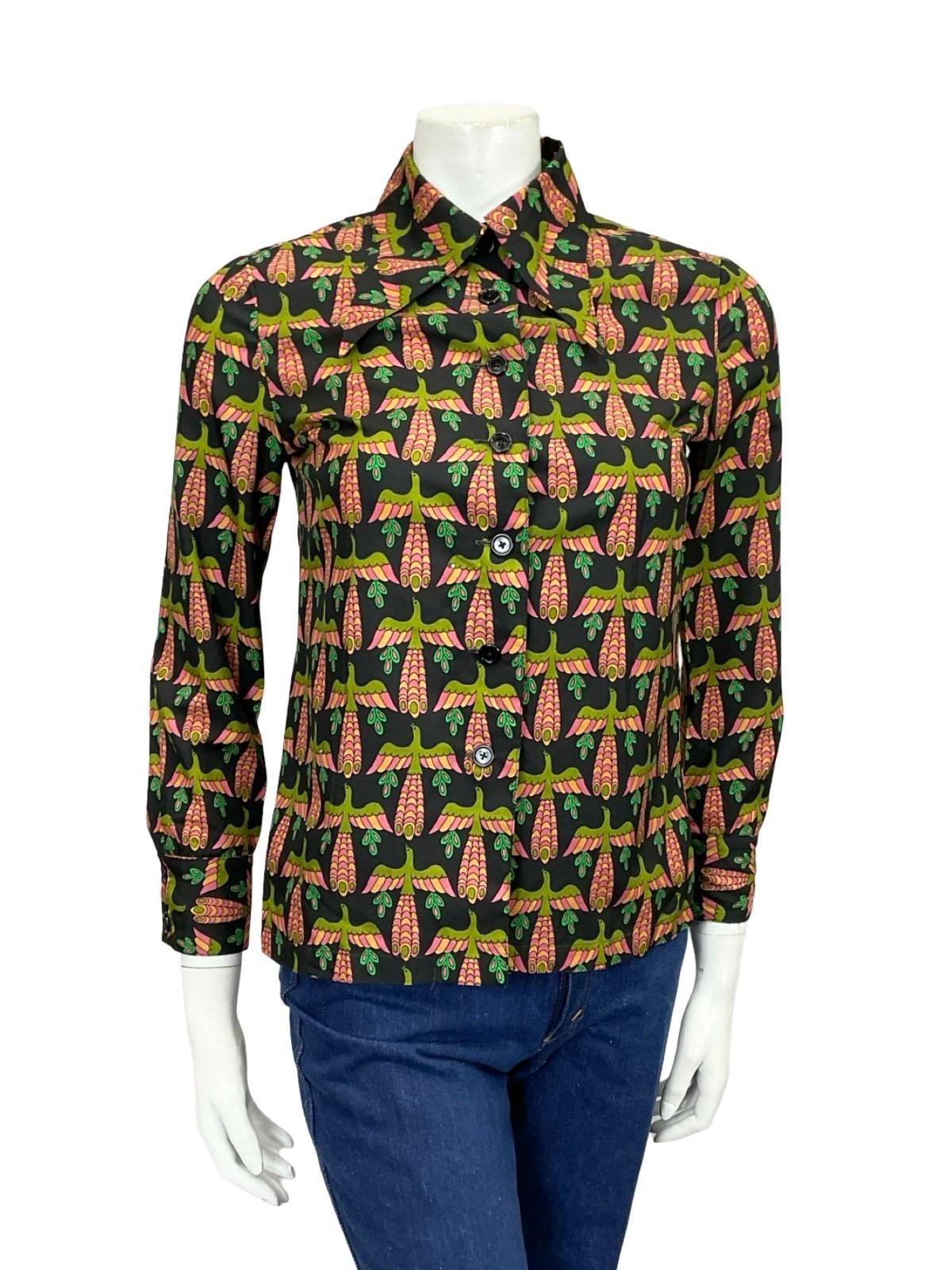 VTG 60S 70S BLACK PINK GREEN BEIGE MOD DAGGER BIRD PEACOCK PHOENIX SHIRT 8