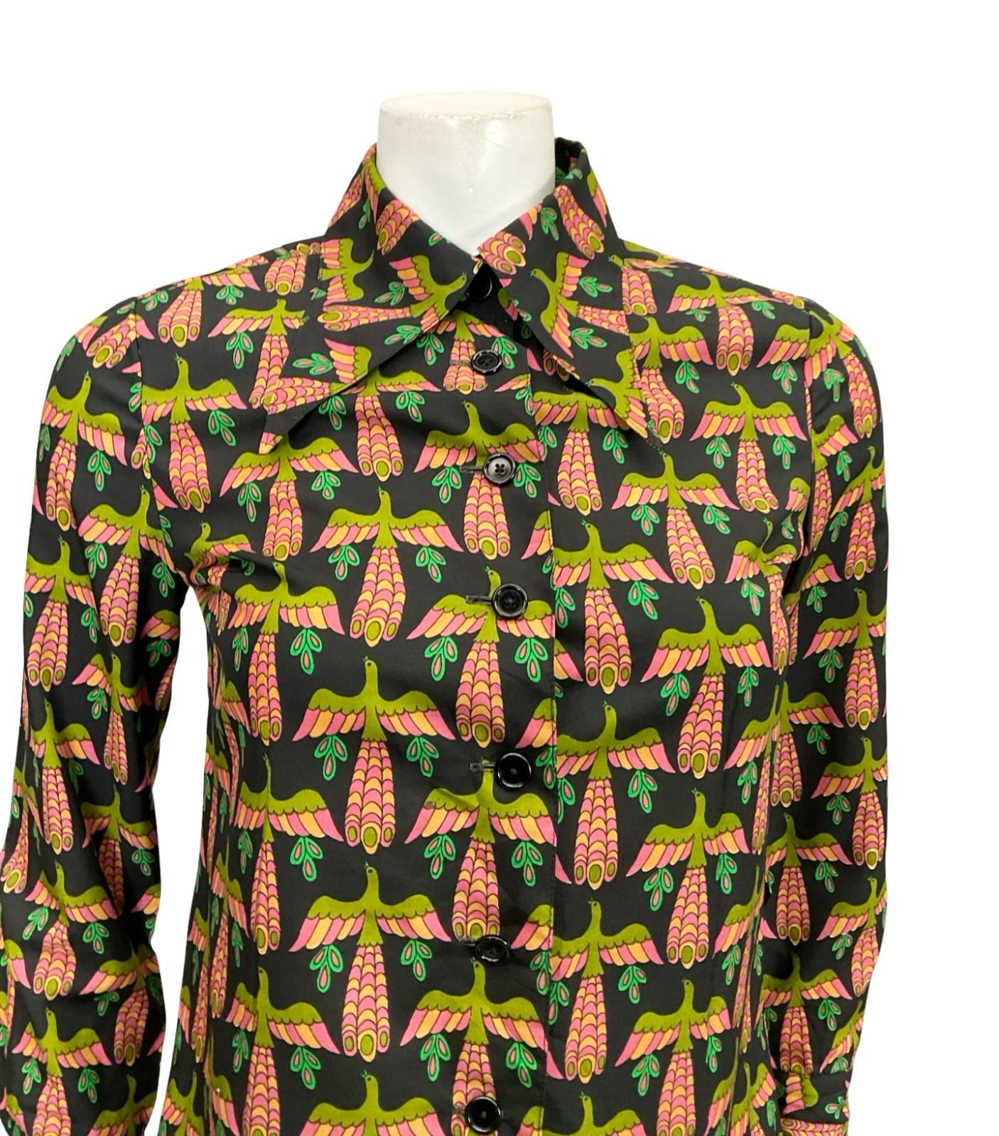 VTG 60S 70S BLACK PINK GREEN BEIGE MOD DAGGER BIRD PEACOCK PHOENIX SHIRT 8